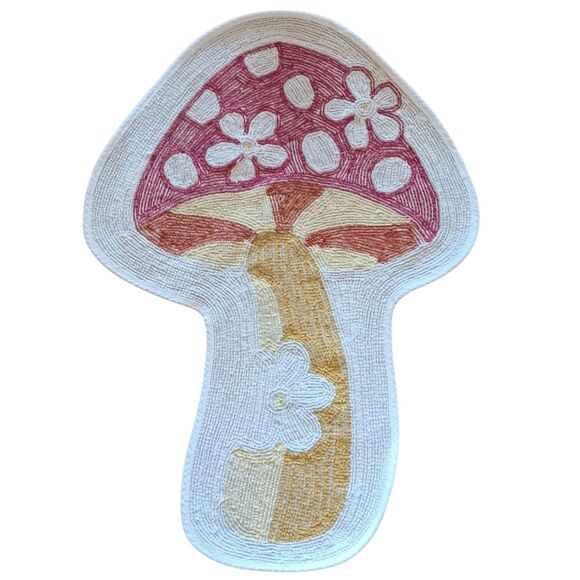 Mushroom Shaped Rug Red/Pink Mushroom & Off White Flowers Yellow Stem 36" X 24" - Picture 2 of 11